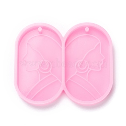 Food Grade Pendant Silicone Molds, for Earring Makings, Bakeware Tools, For DIY Cake Decoration, Chocolate, Candy Mold, Oval with Woman Pattern, Pink, 42.5x50x5mm, Hole: 1.7mm, Inner Diameter: 40x23mm(DIY-D050-20)