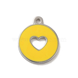 304 Stainless Steel Enamel Charms, Flat Round with Hollow Heart Charm, Stainless Steel Color, Gold, 12x10x1mm, Hole: 1mm(STAS-B074-03P-01)