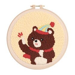 Punch Embroidery Beginner Kit, including Instruction Sheet, Yarn, Punch Pen, Cotton Fabric, Plastic Embroidery Hoop & Needle, Bear, 29x29cm(DIY-P077-004)