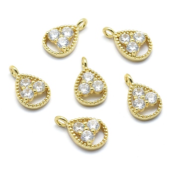 Brass Charms, with Cubic Zirconia, Cadmium Free & Nickel Free & Lead Free, Teardrop, Clear, Real 18K Gold Plated, 13x8x3mm, Hole: 1.5mm