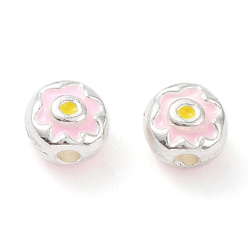 Alloy Enamel Beads, Lead Free & Cadmium Free, Flat Round with Flower, Silver, 4.5x3.5mm, Hole: 1.2mm