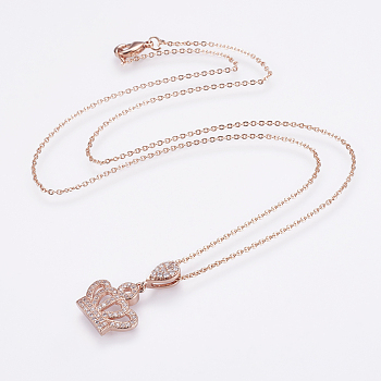 Brass Micro Pave Cubic Zirconia Pendant Necklaces, with Brass Cable Chains, Real Rose Gold Plated, Crown, 17.7 inch(45cm)