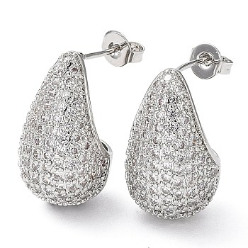 Cubic Zirconia Teardrop Stud Earrings, Platinum Brass Earrings for Woman, Clear, 20x12mm