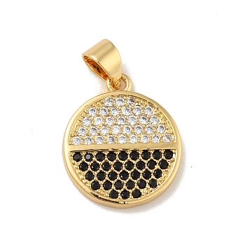 Brass Micro Pave Cubic Zirconia Pendants, Cadmium Free & Lead Free, Long-Lasting Plated, Flat Round, Real 18K Gold Plated, Black, 17.5x15x2mm, Hole: 3.5x3mm