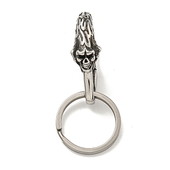 Tibetan Style 316 Surgical Stainless Steel Fittings with 304 Stainless Steel Key Ring, Skull, Antique Silver, 63.5mm