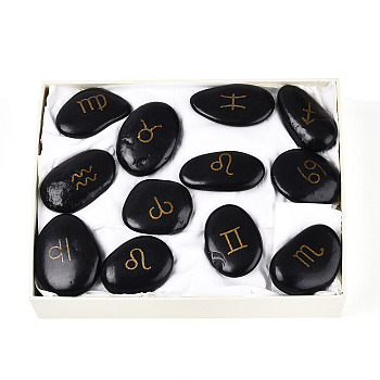 12Pcs Constellations Natural Black Stone Mineral Specimen, Golden Metal Enlaced, Healing Crystal Home Decor Gift, with Paper Box, 40~50x25~49x9~17mm