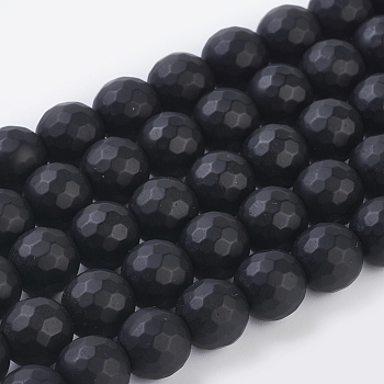 Synthetic Black Stone Beads Strands, Dyed, Faceted, Frosted, Round, Black, 10mm, hole: 1mm, 35pcs/strand, 14.76 inch