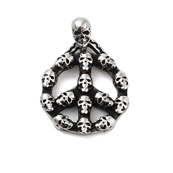 Retro 304 Stainless Steel Big Pendants, Peace Sign with Skull Charm, Antique Silver, 50x34.5x12.5mm, Hole: 5.5x6mm