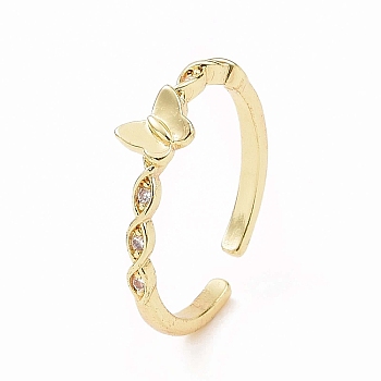 Clear Cubic Zirconia Butterfly Open Cuff Ring, Brass Jewelry for Women, Real 18K Gold Plated, US Size 7 1/4(17.5mm)