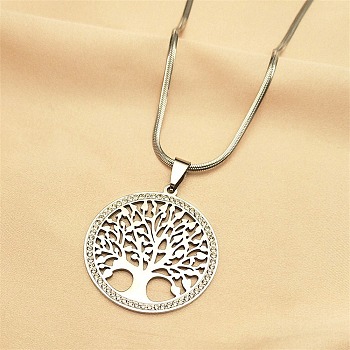 304 Stainless Steel Flat Round with Tree of Life Pendant Necklaces, with Polymer Clay Rhinestones, Stainless Steel Color, 20.16 inch(51.2cm)