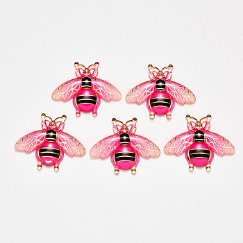 Transparent Acrylic Pendants, with Plated Bottom, Bees, Deep Pink, 26.5x32.5x4mm, Hole: 1mm