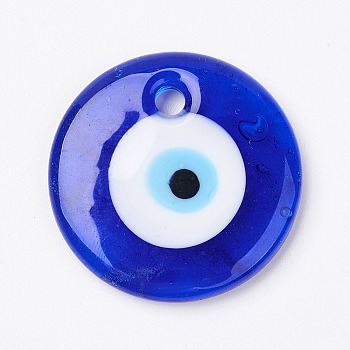 Handmade Lampwork Evil Eye Pendants, Flat Round, Blue, 59x8mm, Hole: 6mm