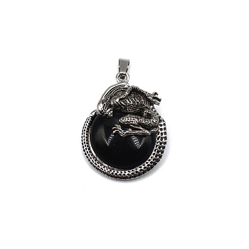 Natural Black Stone Pendants, Flat Round Charms with Skeleton, with Antique Silver Plated Metal Findings, 40x35mm