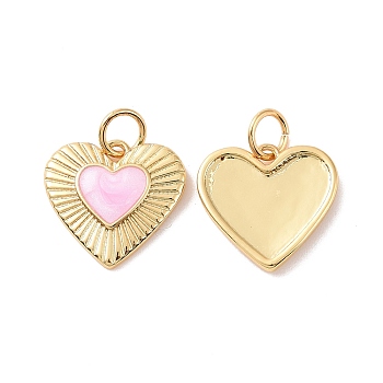 Heart Brass Enamel Pendants, Real 18K Gold Plated, with Jump Rings, Cadmium Free & Nickel Free & Lead Free, Pearl Pink, 13x13.5x2mm, Hole: 3.4mm