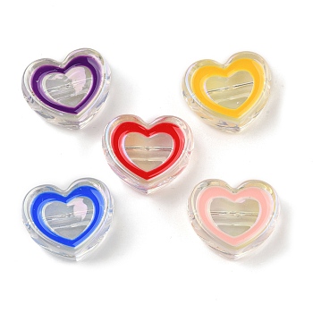 UV Plating Acrylic Beads, Iridescent, with Enamel, Heart, Mixed Color, 19.5x22.5x8mm, Hole: 2.8mm