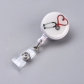 ABS Plastic Retractable Badge Reel, Card Holders, with Iron Alligator Clips, Flat Round, White, 85x32x25.5~32.5mm, Hole: 7mm