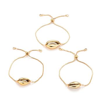 Adjustable Brass Bolo Bracelets, Slider Bracelets, with Electroplated Shell Beads, Cowrie Shells, Golden, 9 inch(23cm)