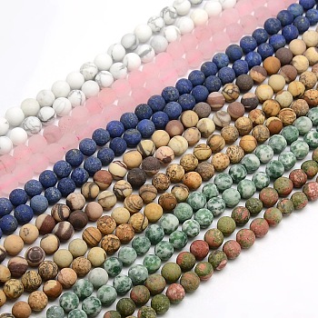 Natural & Synthetic Mixed Stone Bead Strands, Frosted, Round, 6mm, Hole: 1mm, about 63~65pcs/strand, 14.9~15.6 inch
