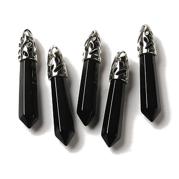 Natural Obsidian Pointed Big Pendants, Faceted Bullet Charms with Rack Plating Platinum Plated Brass Findings, 56~65x11~11.5x10~10.5mm, Hole: 4X3mm