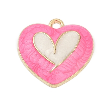 Alloy Enamel Pendants, Heart Charm, Golden, Hot Pink, 18x18.5x4mm, Hole: 1.8mm