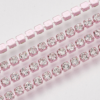 Electrophoresis Brass Rhinestone Strass Chains, Crystal Rhinestone Cup Chains, with Spool, Pink, SS6.5 Rhinestone: 2~2.1mm, about 10yards/roll