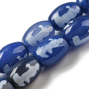 Blue Tibetan Style dZi Beads Strands, Dyed Natural Agate Beads Strands, Rice, Human, 13.5~14x10~10.5mm, Hole: 1mm, about 25pcs/strand, 13.58 inch(34.5cm)