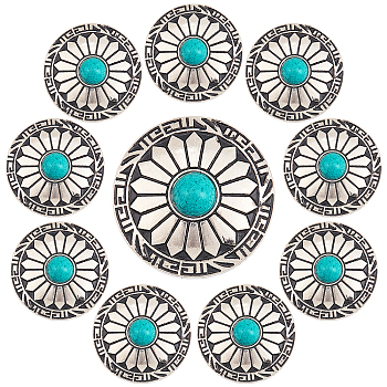 10Pcs 1-Hole Alloy & Turquoise Buttons, Flat Round with Sunflowers Pattern, for DIY Luggage and Hardware Accessaries, Dark Turquoise, 30x10.3~10.8mm, Hole: 2.5mm