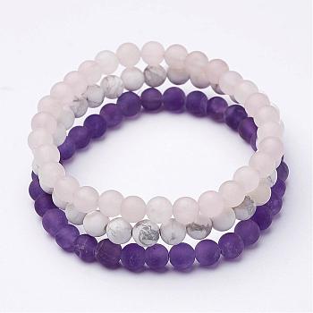 Mixed Gemstone Beaded Stretch Bracelet Sets, Natural Rose Quartz, Howlite and Natural Amethyst, Frosted, 2-1/8 inch(53mm)
