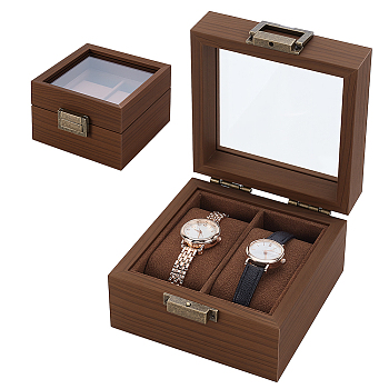 2-Slot Square Wood Watch Storage Boxes, Watch Gift Case with Clear Glass Window, for Gift Packaging, Coconut Brown, 11.8x12x7.4cm