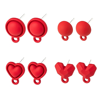 20Pcs 5 Style Spray Painted Alloy Stud Earrings Findings, with 925 Sterling Silver Pins and Loops, Half Round & Flat Round & Heart & Square, Red, 11~13x8~10mm, Hole: 1.8mm, Pin: 0.5mm, 4pcs/style