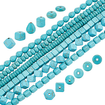 6 Strands 6 Styles Synthetic Turquoise Beads Strands, Rondelle & Square & Teardrop, Mixed Shapes, 8~11.5x8~11.5x3~10.5mm, Hole: 1.2~1.4mm, about 34~119pcs/strand, 13.98''~15.94''(35.5~40.5cm), 1 strand/style