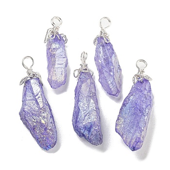 Electroplated Raw Rough Natural Quartz Crystal Big Pendants, Nuggets Charms with Copper Wire Loops, Silver, Lilac, 40~48x13~23x10~20mm, Hole: 4.5~5mm