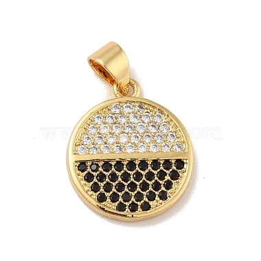 Real 18K Gold Plated Black Flat Round Brass+Cubic Zirconia Pendants