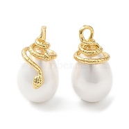Eco-Friendly Brass Pendants, with Shell Pearl Beads, Lead Free & Cadmium Free, Teardrop with Snake Charm, Real 18K Gold Plated, 23x12x13.5mm, Hole: 4x2mm(KK-M246-04G)