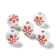 Printed Wood European Beads, Round with Snowflake, Red, 16x15mm, Hole: 4mm(WOOD-Z002-08D)