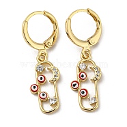 Real 18K Gold Plated Brass Dangle Leverback Earrings, with Enamel and Cubic Zirconia, Evil Eye & Moon, FireBrick, 31.5x9mm(EJEW-A033-23G-02)