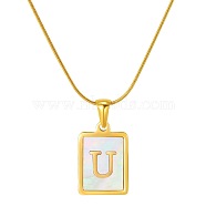 Stainless Steel Snake Bone Chain Alphabet Necklace with Shell Pendant, Letter U, Golden(WD3660-21)