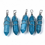 Natural White Jade Pendants, with Platinum Iron Findings, Wire Wrapped Pendants, Dyed, Bullet, Steel Blue, 41~43x11~12x10~11mm, Hole: 3~4mm(G-S359-198A)