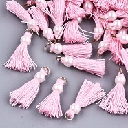 Polycotton(Polyester Cotton) Tassel Pendant Decorations, Mini Tassel, with Golden Tone Iron Findings and ABS Plastic Imitation Pearl, Pearl Pink, 23mm, Jump ring: 5x0.8mm, 3.4mm inner diameter(FIND-T052-13N)