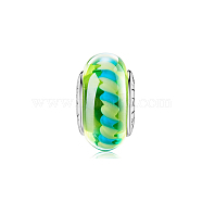 TINYSAND Rondelle 925 Sterling Silver Layered Ripple Lampwork European Beads, Large Hole Beads, Green, 15.02x8.85mm, Hole: 4.41mm(TS-C-093)