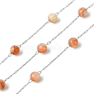 Natural Shell Pearl Beads,Dyed with 304 Stainless Steel Chains, Soldered, with Spool, Coral, 5mm(CHS-Q005-07C-01)