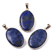 Natural Lapis Lazuli Pendants, with Light Gold Plated Brass Edge and Snap on Bail, Oval, 35~36x21.5x6.5mm, Hole: 6x4mm(G-N326-31A)