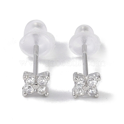Rhodium Plated Clover 999 Sterling Silver Cubic Zirconia Stud Earrings for Women, with 999 Stamp, Platinum, 4x4mm(EJEW-S215-16P)