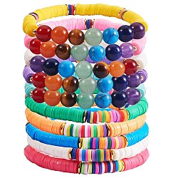 Round Natural & Synthetic Stone Beads Stretch Bracelets Set, 7 Chakra Bracelets for Teen Girl Women, Polymer Clay Heishi Beads Surfer Bracelets, Mixed Color, Inner Diameter: 2 inch(5~5.2cm), 10pcs/set(BJEW-SW00014)