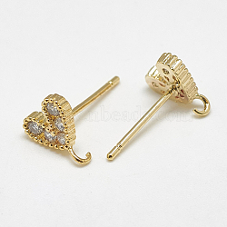Brass Ear Studs, with Cubic Zirconia and Loop, Heart, Clear, Real 18K Gold Plated, 8x7.5mm, Hole: 1mm, Pin: 1mm(X-KK-S347-146)