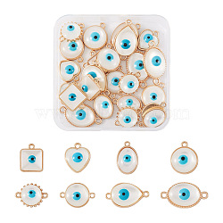 DIY Evil Eye Jewelry Making Finding Kit, Including Alloy Enamel Pendants & Connector Charms, with Cat Eye, Square & Heart & Teardrop & Sun, Light Gold, 14.5~19x12~28x5~6mm, Hole: 1.6~2mm, 32Pcs/box(DIY-TA0003-87)
