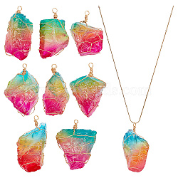 8Pcs Electroplated Rainbow Color Raw Rough Natural Quartz Crystal Big Pendants, Light Gold Plated Copper Wire Wrapped Nuggets Charms, Colorful, 47~58mm, Hole: 3.5mm(PALLOY-AB00184)