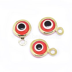 Handmade Evil Eye Lampwork Charms, with Brass Findings, Flat Round, Red, Real 18K Gold Plated, 10x6.5x3mm, Hole: 1.5mm(KK-F764-13G-02)