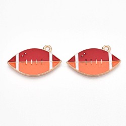 Alloy Enamel Pendants, Lead Free & Cadmium Free, Golden, Rugby Charm, Coral, 28x16x1mm, Hole: 1.8mm(ENAM-T022-17)