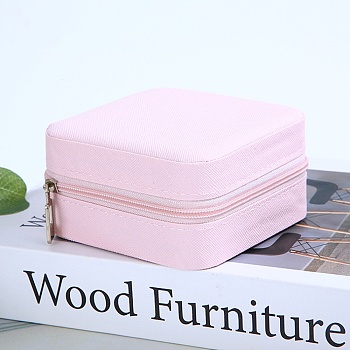 Imitation Leather Jewelry Storage Zipper Boxes, Travel Portable Jewelry Organizer Case for Necklaces, Earrings, Rings, Square, Pink, 10x10x5cm